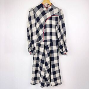 Vintage Handmade France Black White Plaid Wool Blend Long Sleeve Dress Medium